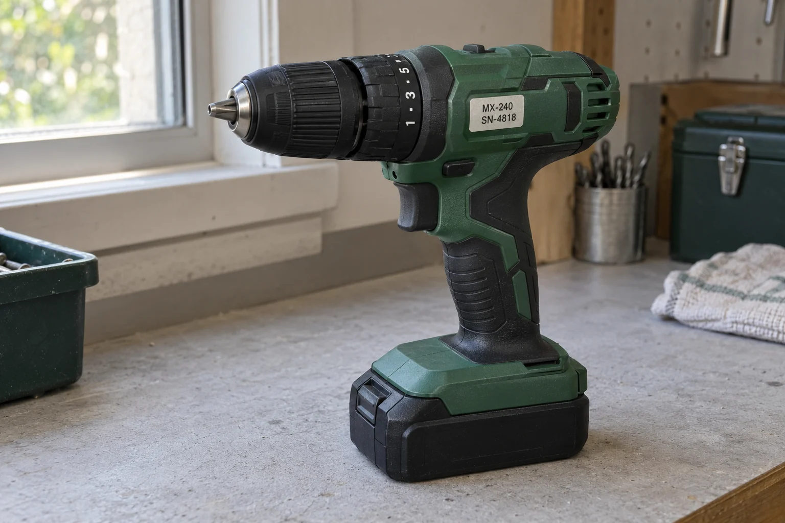 Illustrative photo of a cordless drill with a model and serial-number label